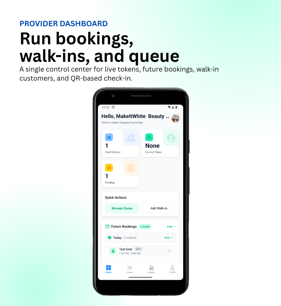 Provider dashboard showing live queue management, QR check-in, and future bookings