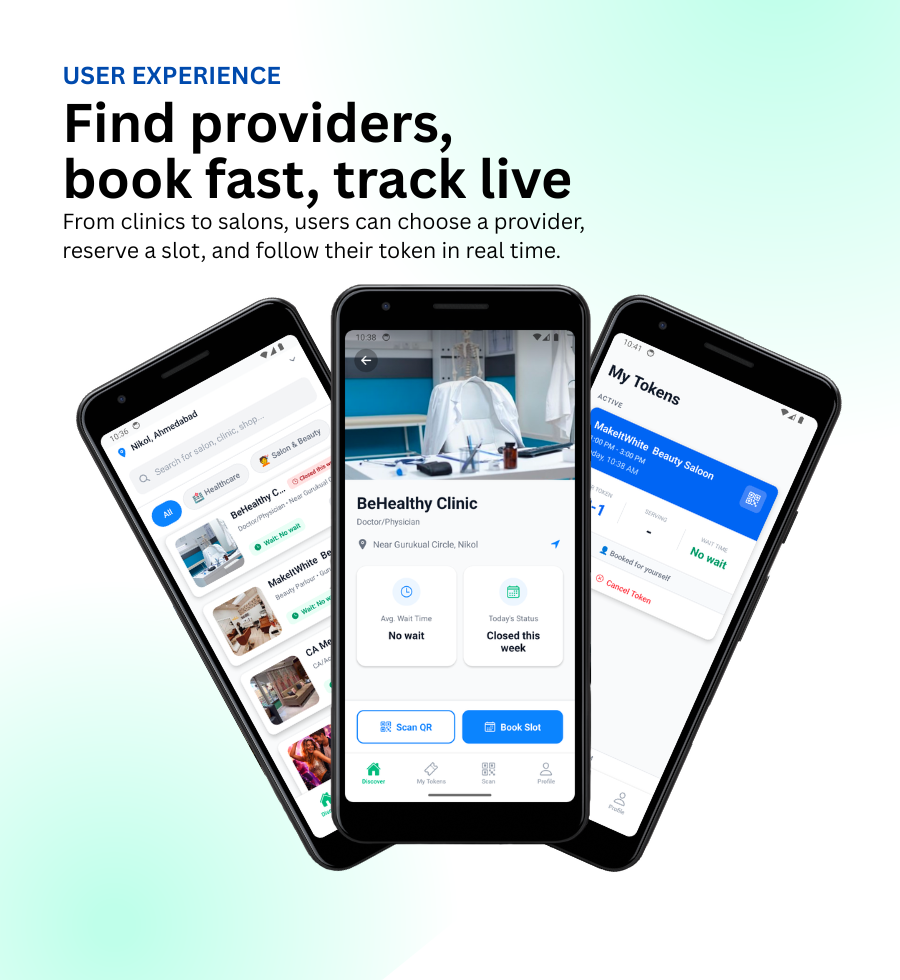 Customer flow screens showing provider discovery, booking, and live queue tracking